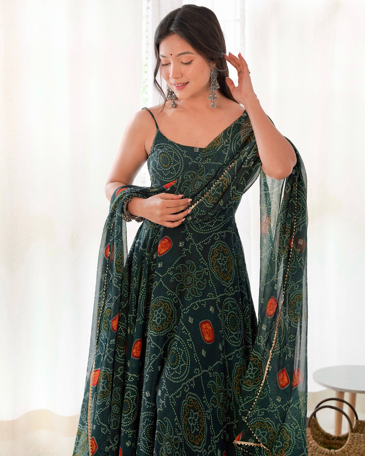 Digitally Printed Pure Chiffon Banndhej Anarkali Suit With Huge Flair Comes With Duppatta & Pant
