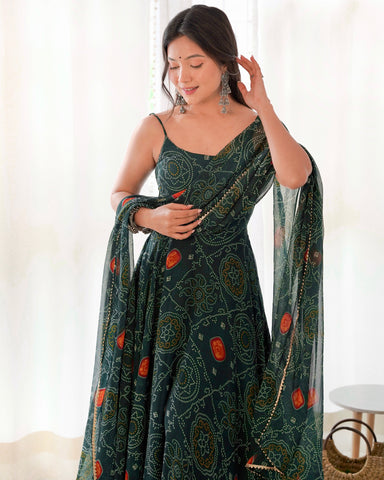 Digitally Printed Pure Chiffon Banndhej Anarkali Suit With Huge Flair Comes With Duppatta & Pant
