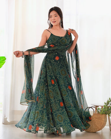 Digitally Printed Pure Chiffon Banndhej Anarkali Suit With Huge Flair Comes With Duppatta & Pant
