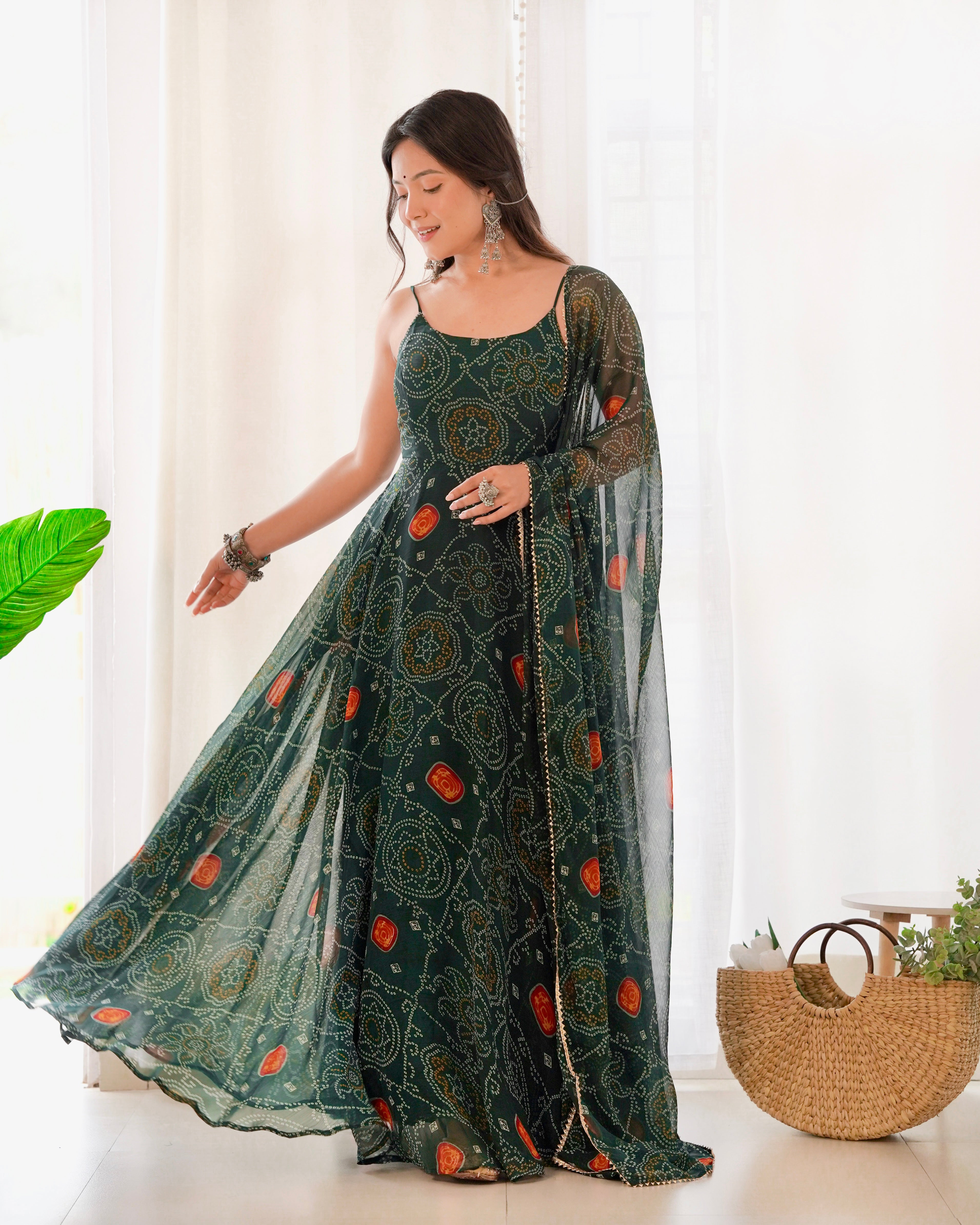 Digitally Printed Pure Chiffon Banndhej Anarkali Suit With Huge Flair Comes With Duppatta & Pant
