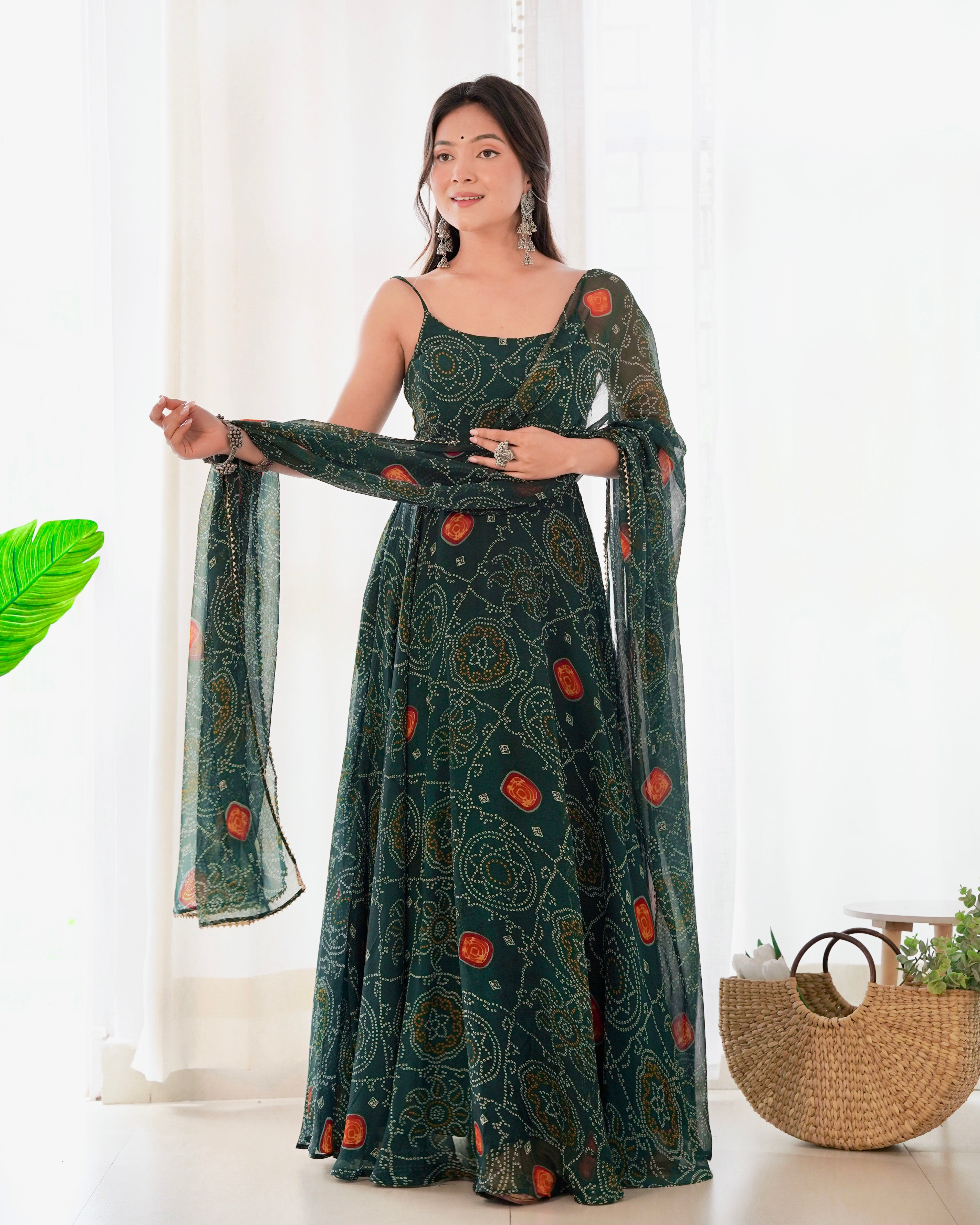 Digitally Printed Pure Chiffon Banndhej Anarkali Suit With Huge Flair Comes With Duppatta & Pant
