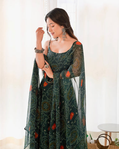 Digitally Printed Pure Chiffon Banndhej Anarkali Suit With Huge Flair Comes With Duppatta & Pant
