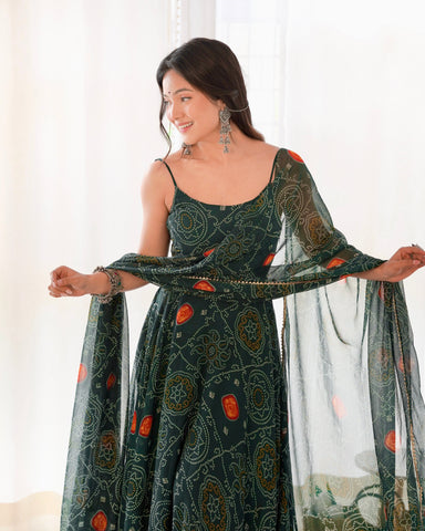 Digitally Printed Pure Chiffon Banndhej Anarkali Suit With Huge Flair Comes With Duppatta & Pant
