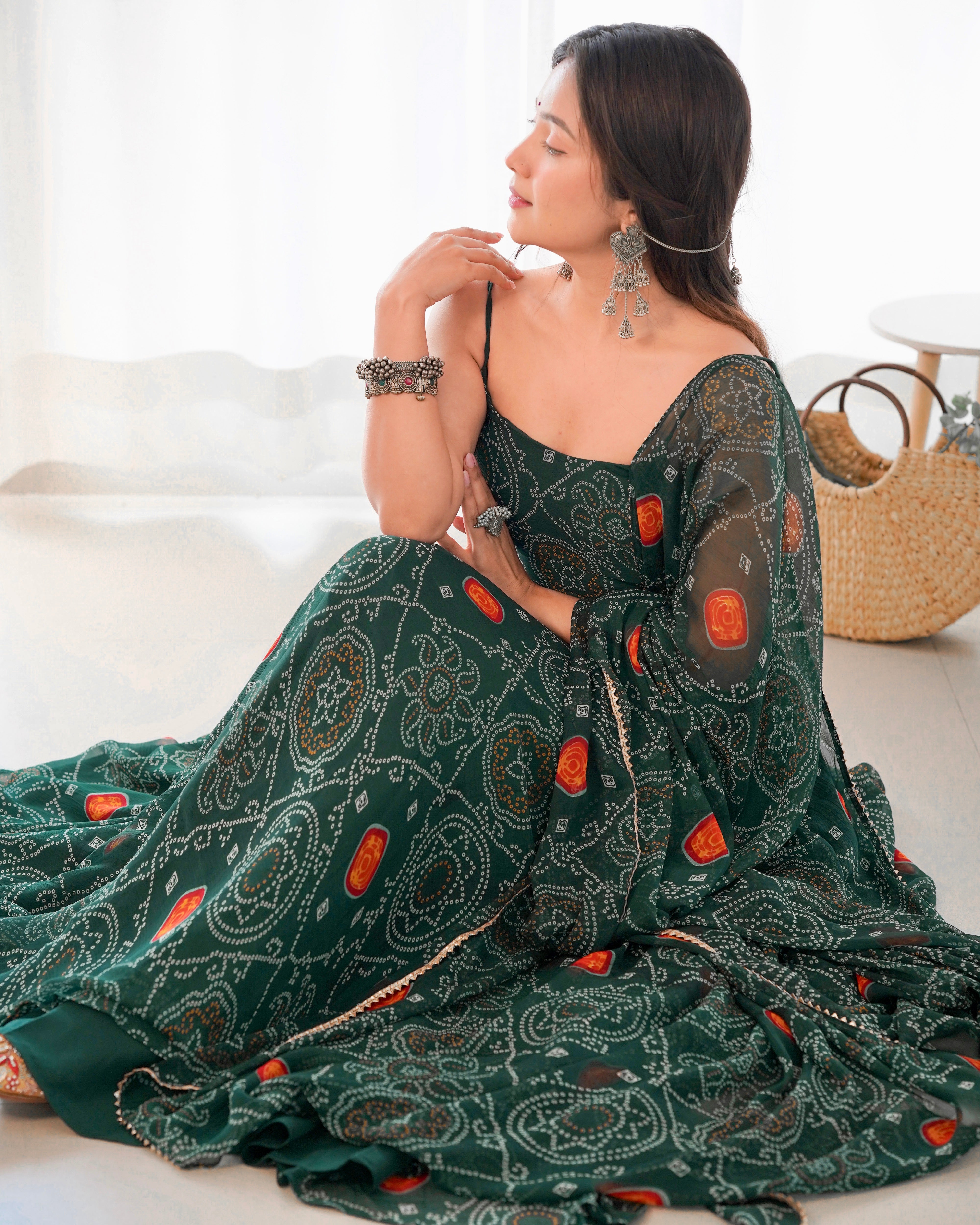 Digitally Printed Pure Chiffon Banndhej Anarkali Suit With Huge Flair Comes With Duppatta & Pant
