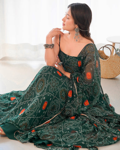 Digitally Printed Pure Chiffon Banndhej Anarkali Suit With Huge Flair Comes With Duppatta & Pant
