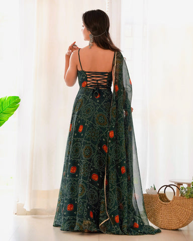 Digitally Printed Pure Chiffon Banndhej Anarkali Suit With Huge Flair Comes With Duppatta & Pant
