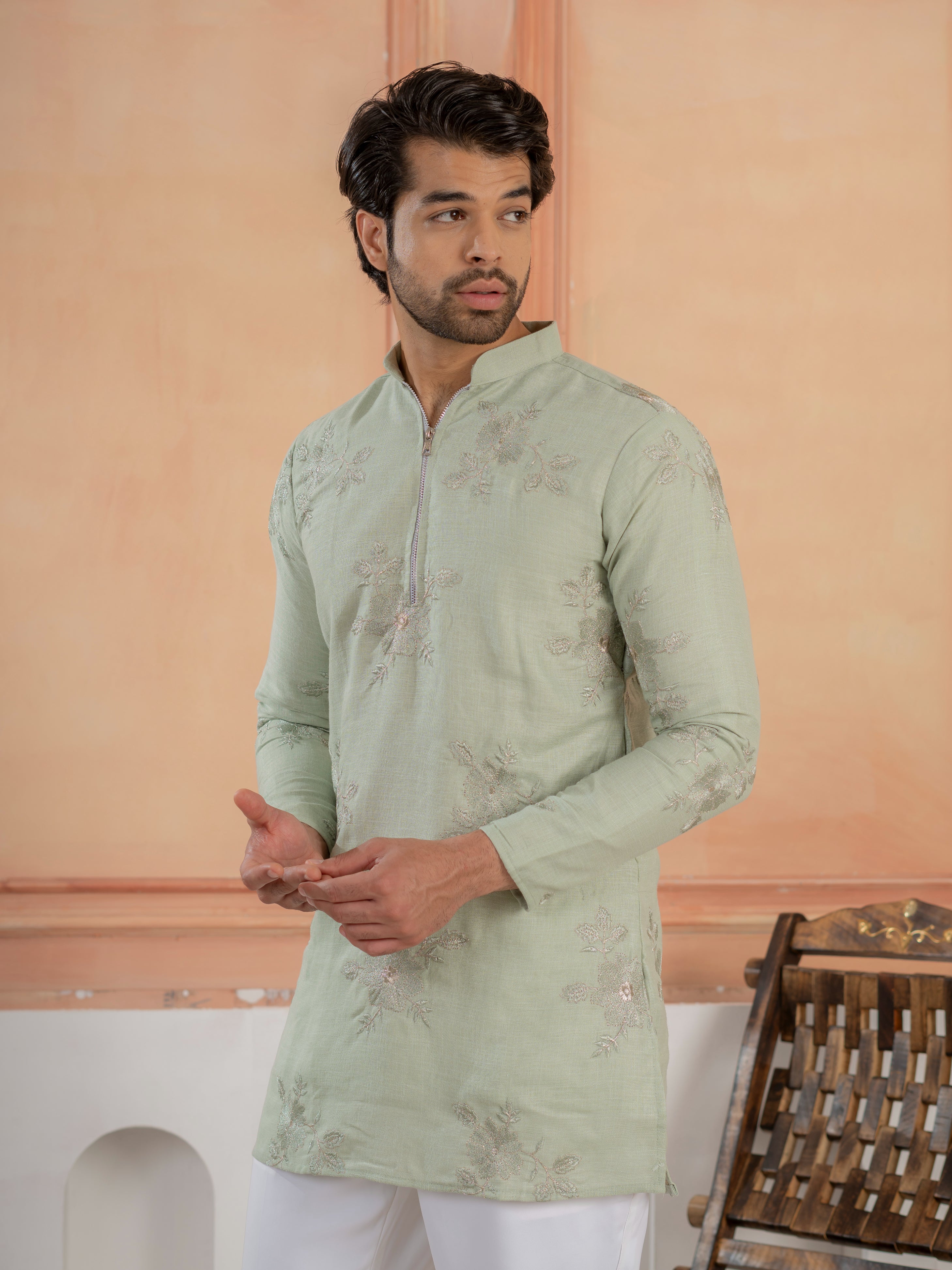 Green Linen Golden Embroidered Kurta Set For Festive Wear