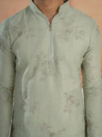Green Linen Golden Embroidered Kurta Set For Festive Wear
