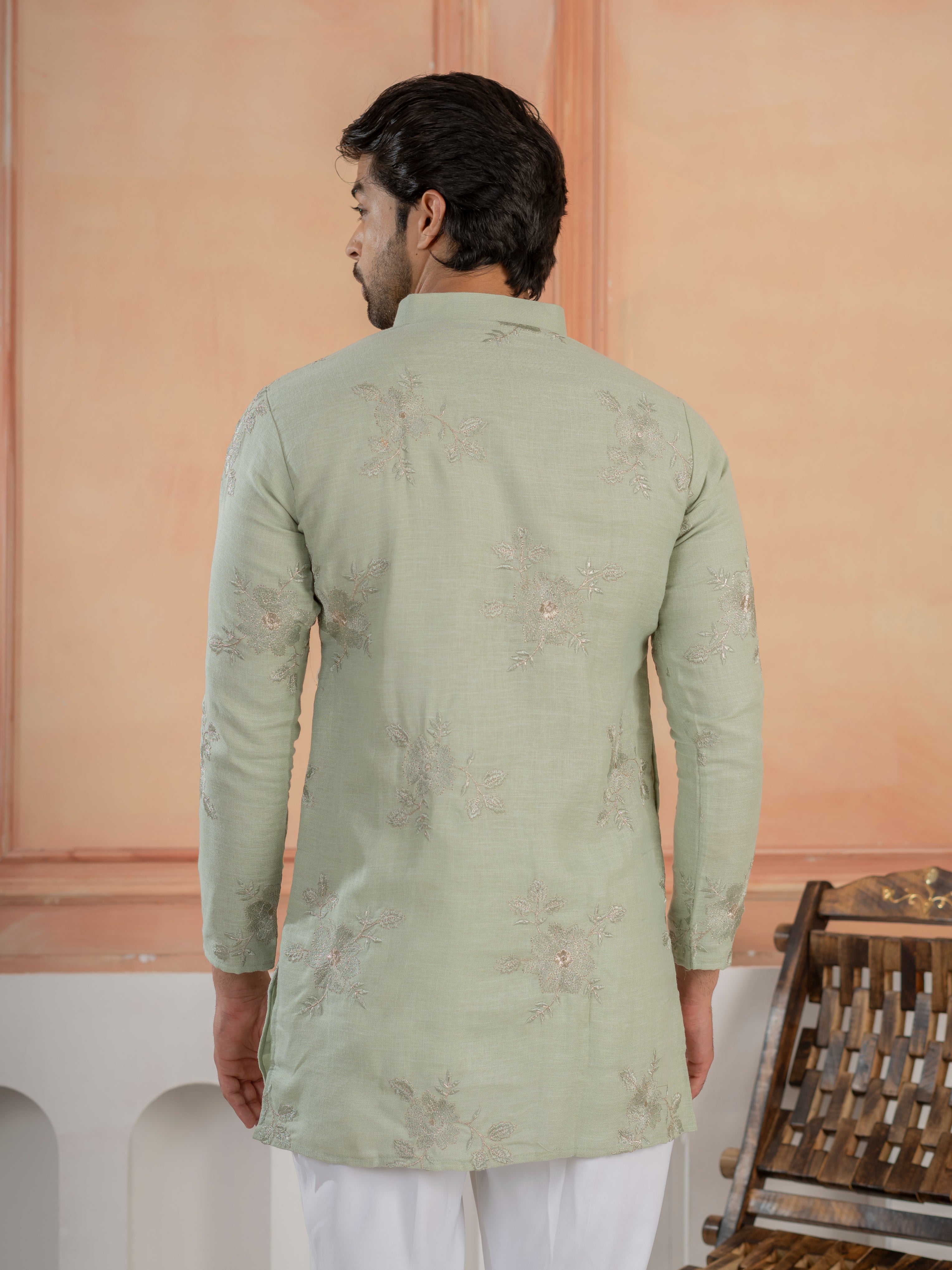 Green Linen Golden Embroidered Kurta Set For Festive Wear
