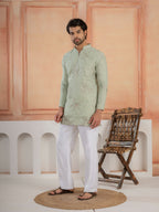 Green Linen Golden Embroidered Kurta Set For Festive Wear