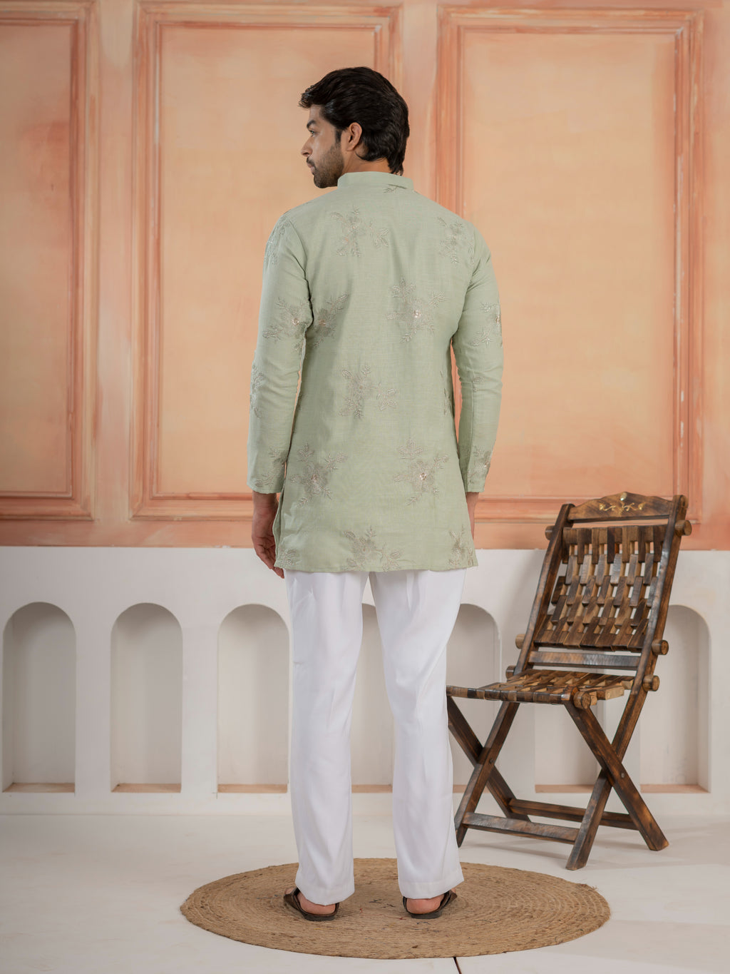 Green Linen Golden Embroidered Kurta Set For Festive Wear