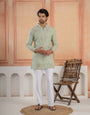 Green Linen Golden Embroidered Kurta Set For Festive Wear