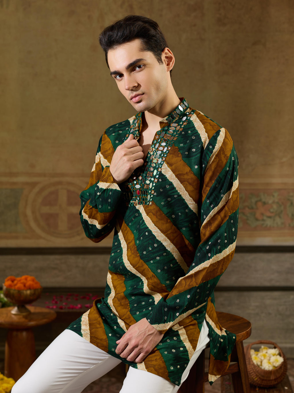 Green Rayon Real Mirror Kurta Set For Festive Wear
