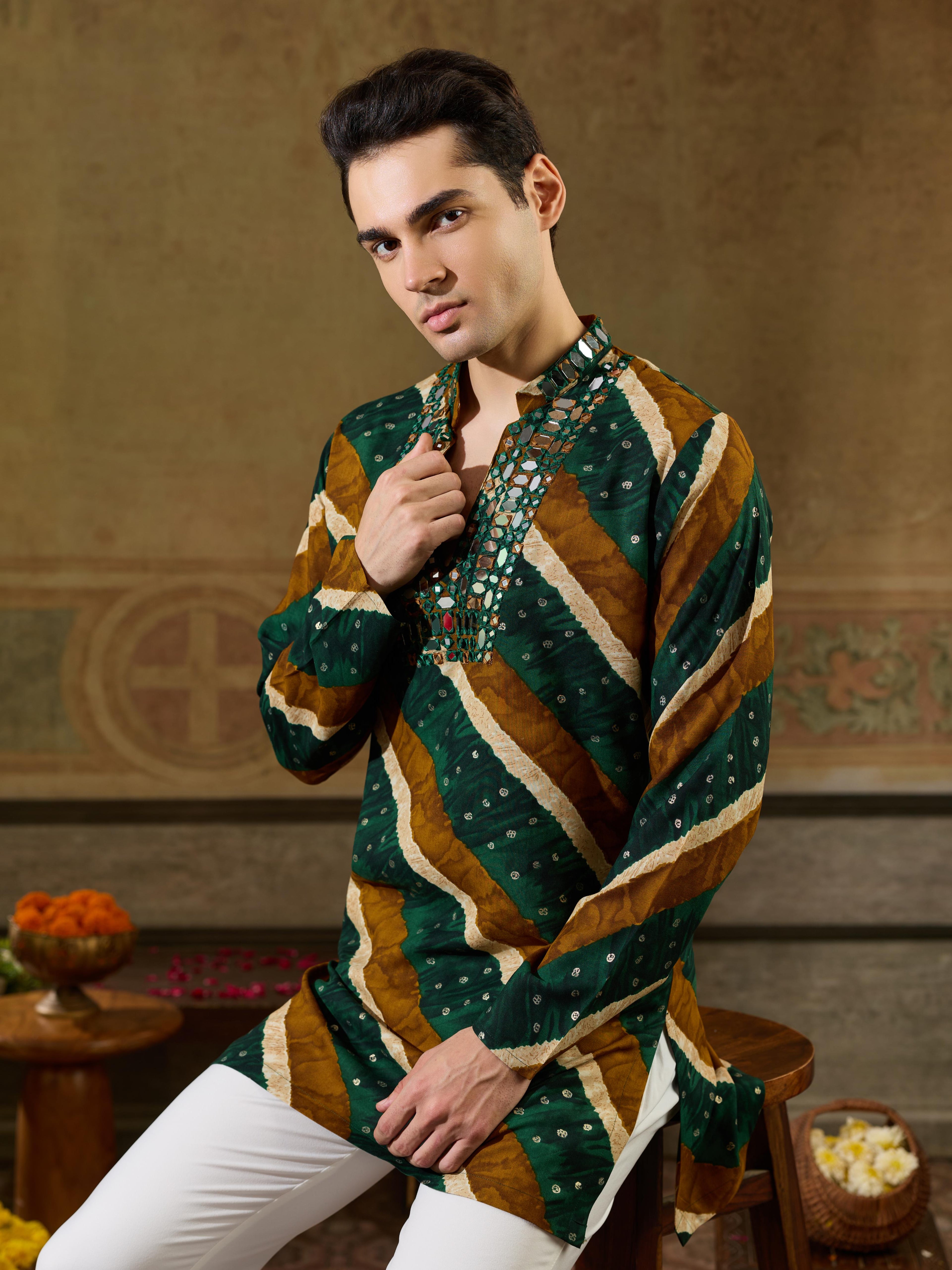 Green Rayon Real Mirror Kurta Set For Festive Wear

