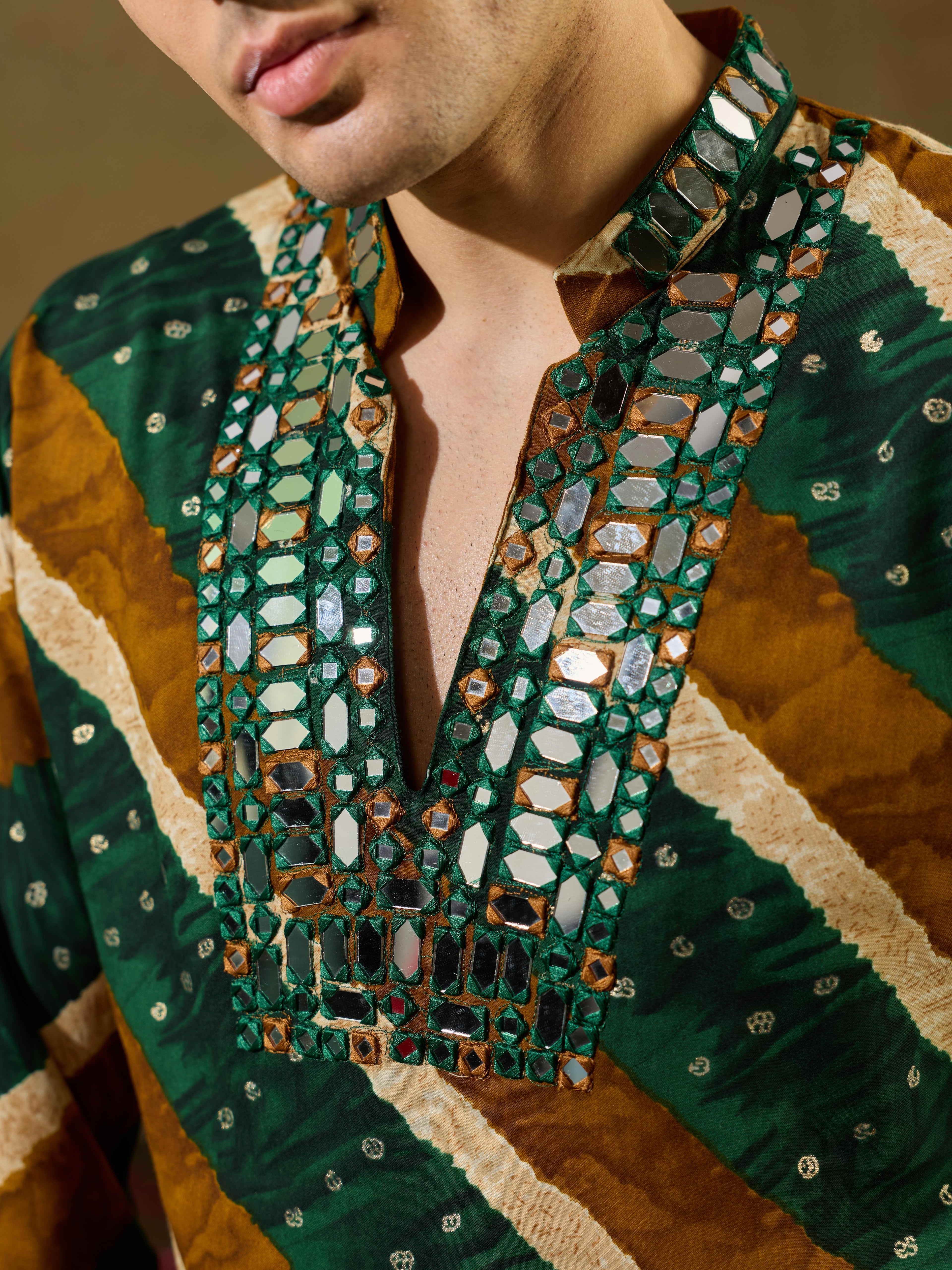 Green Rayon Real Mirror Kurta Set For Festive Wear
