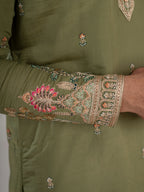 Designer Green Multi Colour Embroidery Golden Sequence Work Kurta Set