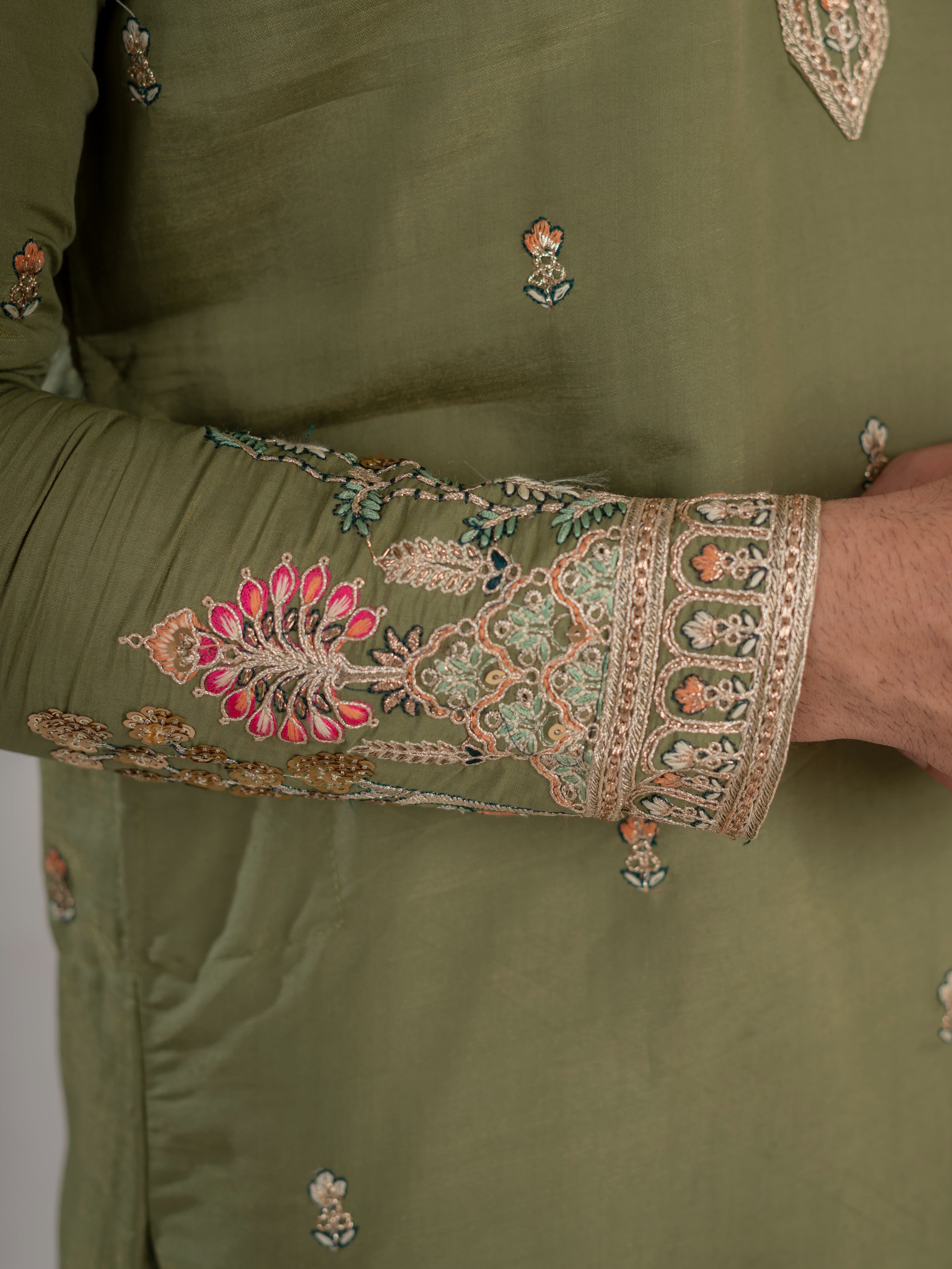 Designer Green Multi Colour Embroidery Golden Sequence Work Kurta Set