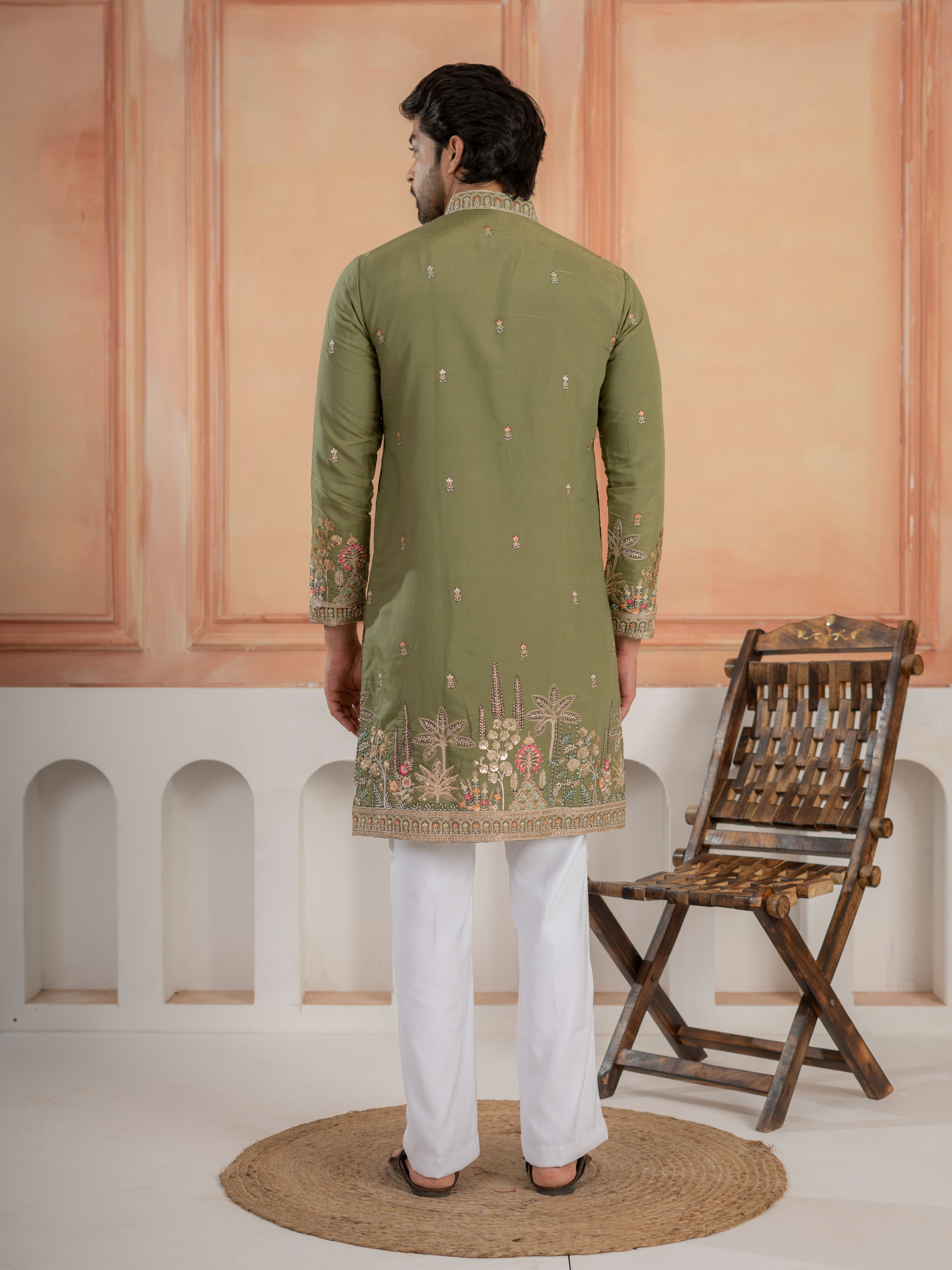 Designer Green Multi Colour Embroidery Golden Sequence Work Kurta Set