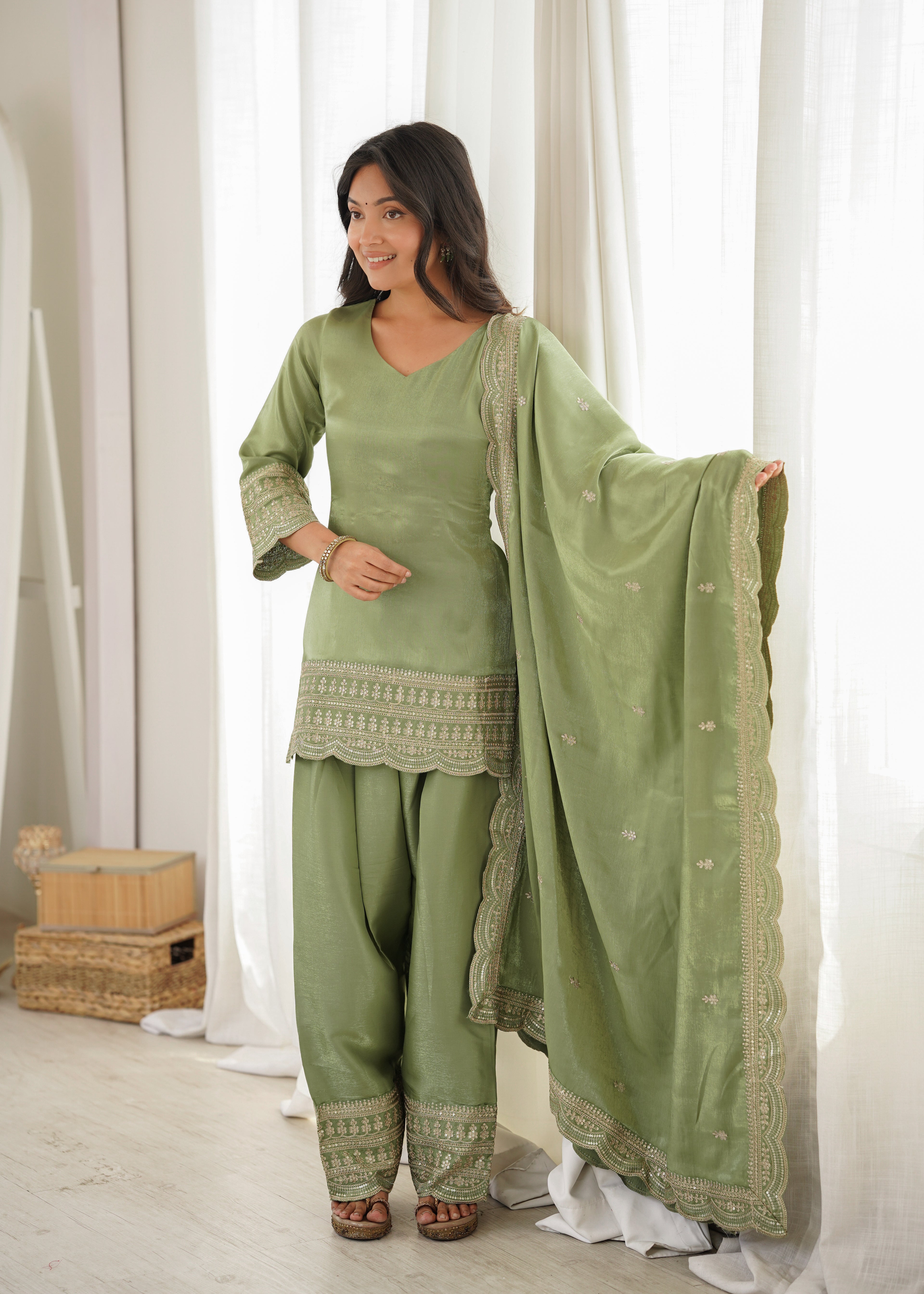 Royal Green Roman Silk Fancy Kurta with Farshi Shalwar and Dupatta
