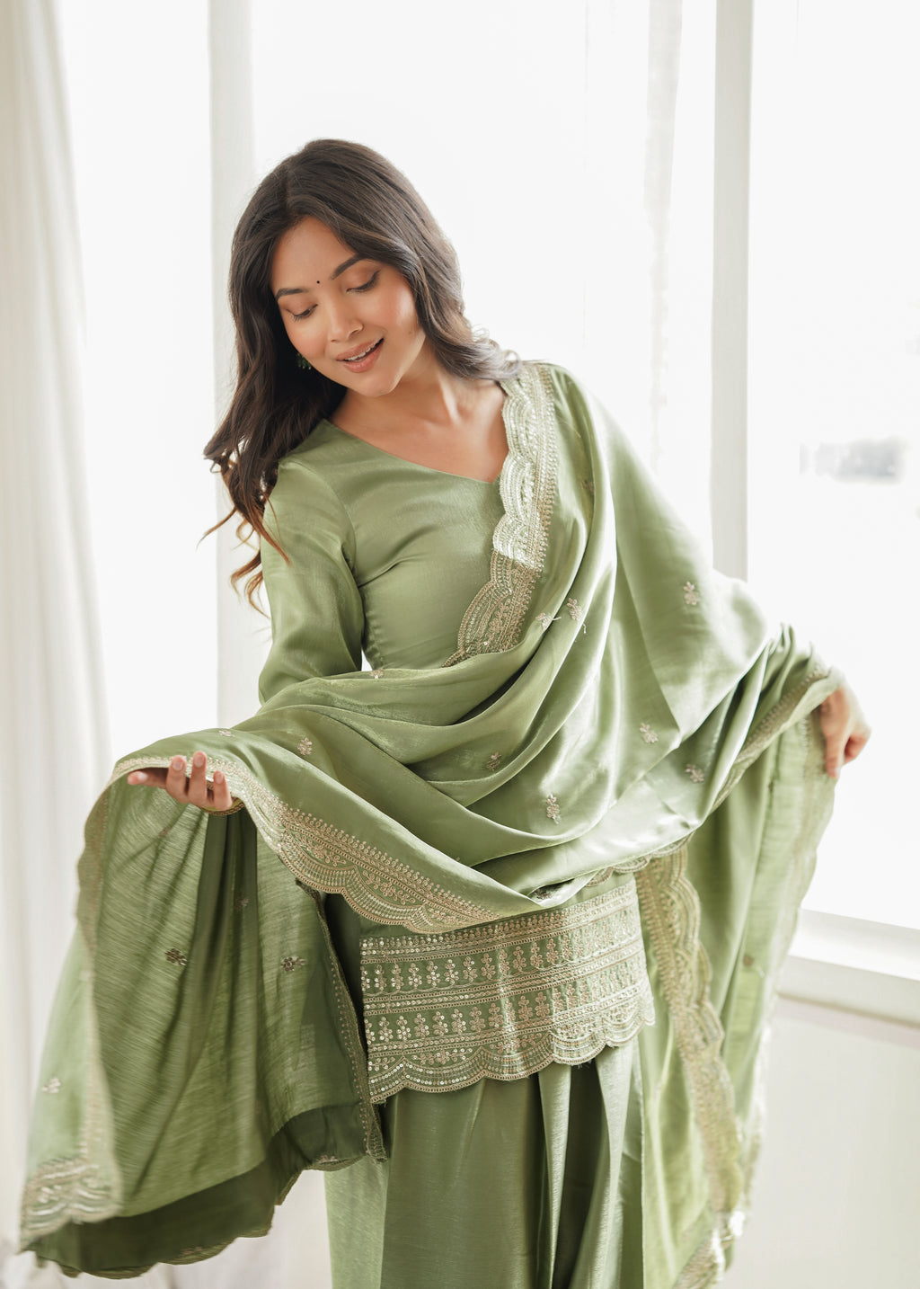 Royal Green Roman Silk Fancy Kurta with Farshi Shalwar and Dupatta
