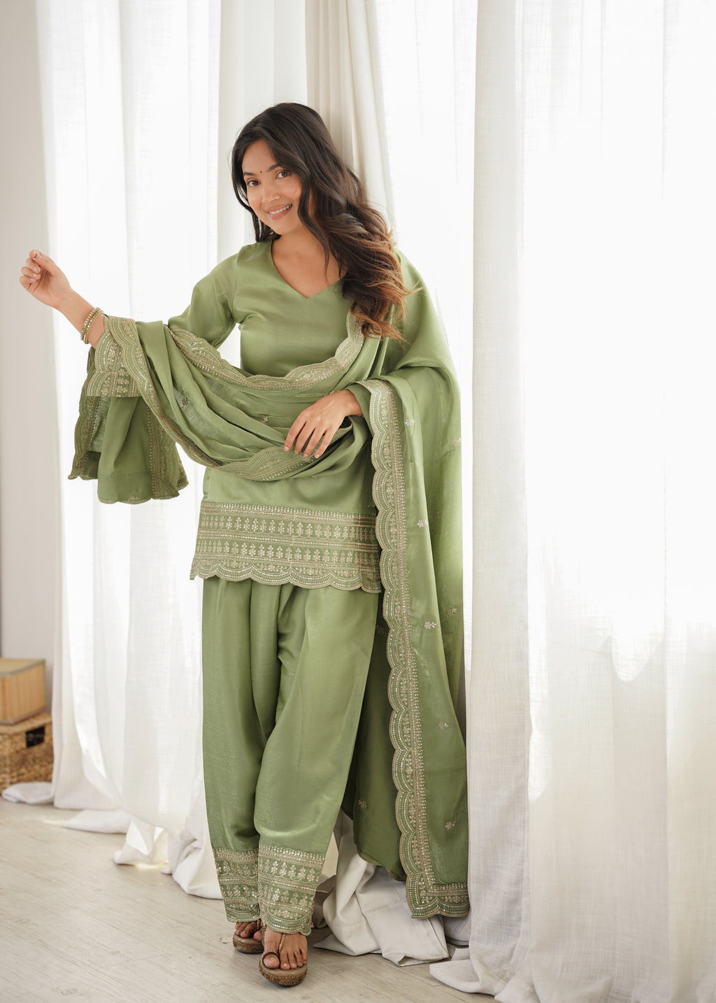 Royal Green Roman Silk Fancy Kurta with Farshi Shalwar and Dupatta
