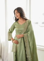 Royal Green Roman Silk Fancy Kurta with Farshi Shalwar and Dupatta
