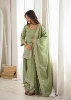 Royal Green Roman Silk Fancy Kurta with Farshi Shalwar and Dupatta
