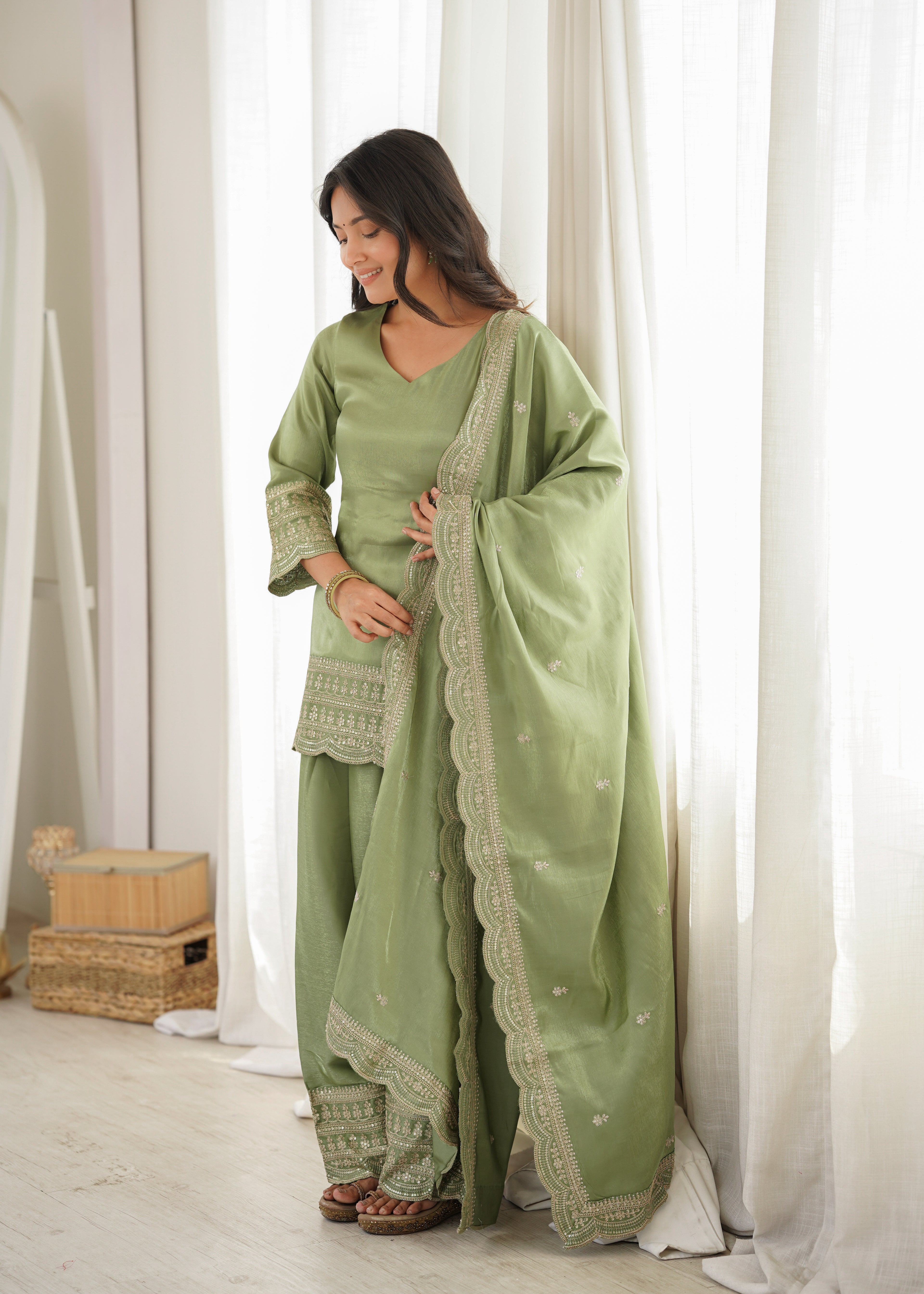 Royal Green Roman Silk Fancy Kurta with Farshi Shalwar and Dupatta
