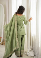 Royal Green Roman Silk Fancy Kurta with Farshi Shalwar and Dupatta
