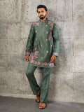 Exclusive Green Silk Embroidered Ethnic Kurta Bell Bottom Set
