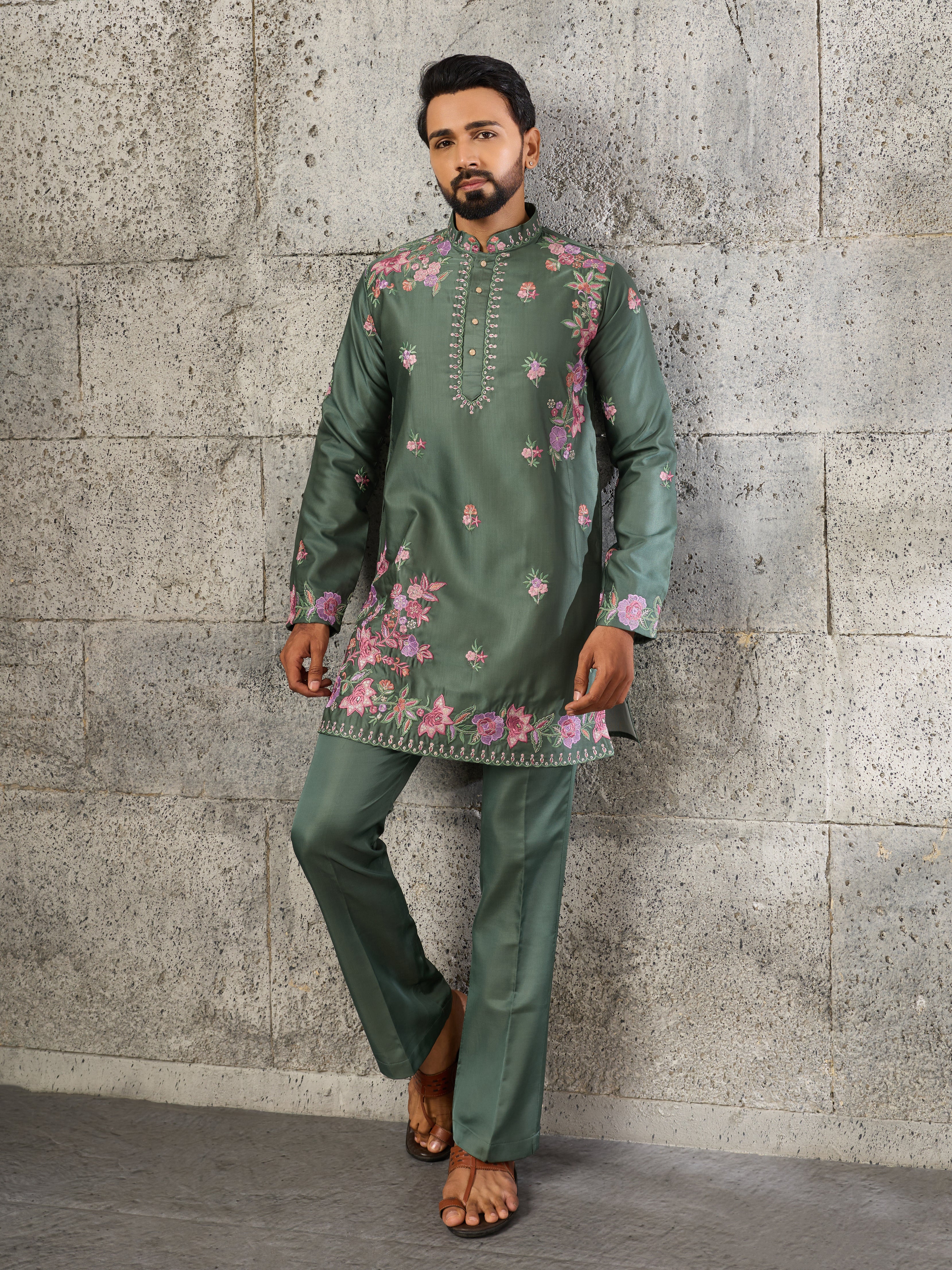 Exclusive Green Silk Embroidered Ethnic Kurta Bell Bottom Set
