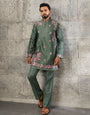 Exclusive Green Silk Embroidered Ethnic Kurta Bell Bottom Set