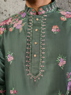 Exclusive Green Silk Embroidered Ethnic Kurta Bell Bottom Set

