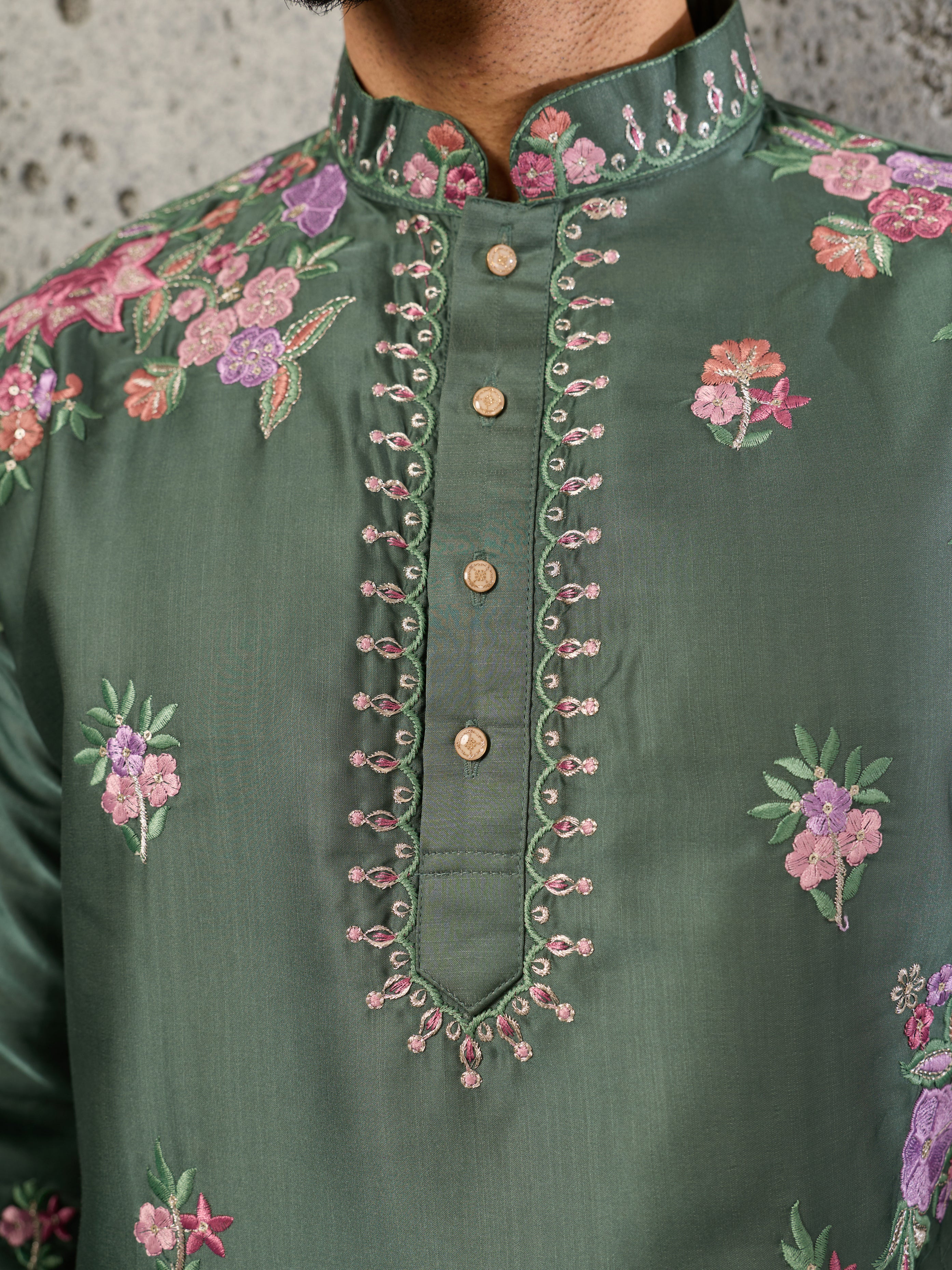 Exclusive Green Silk Embroidered Ethnic Kurta Bell Bottom Set

