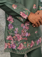 Exclusive Green Silk Embroidered Ethnic Kurta Bell Bottom Set
