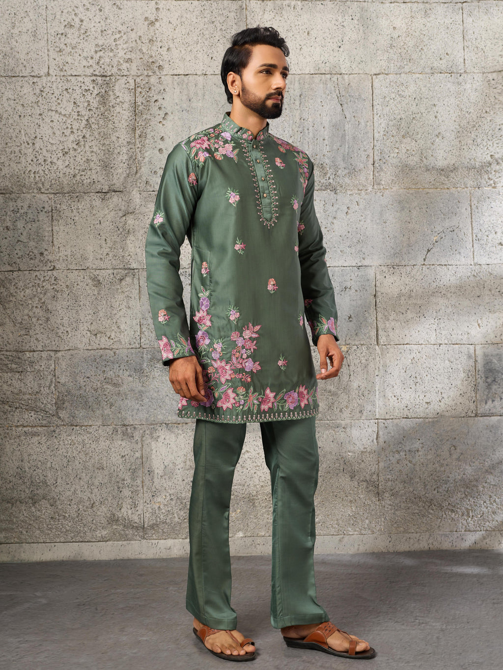 Exclusive Green Silk Embroidered Ethnic Kurta Bell Bottom Set
