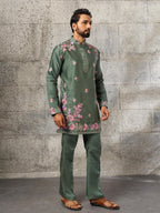 Exclusive Green Silk Embroidered Ethnic Kurta Bell Bottom Set
