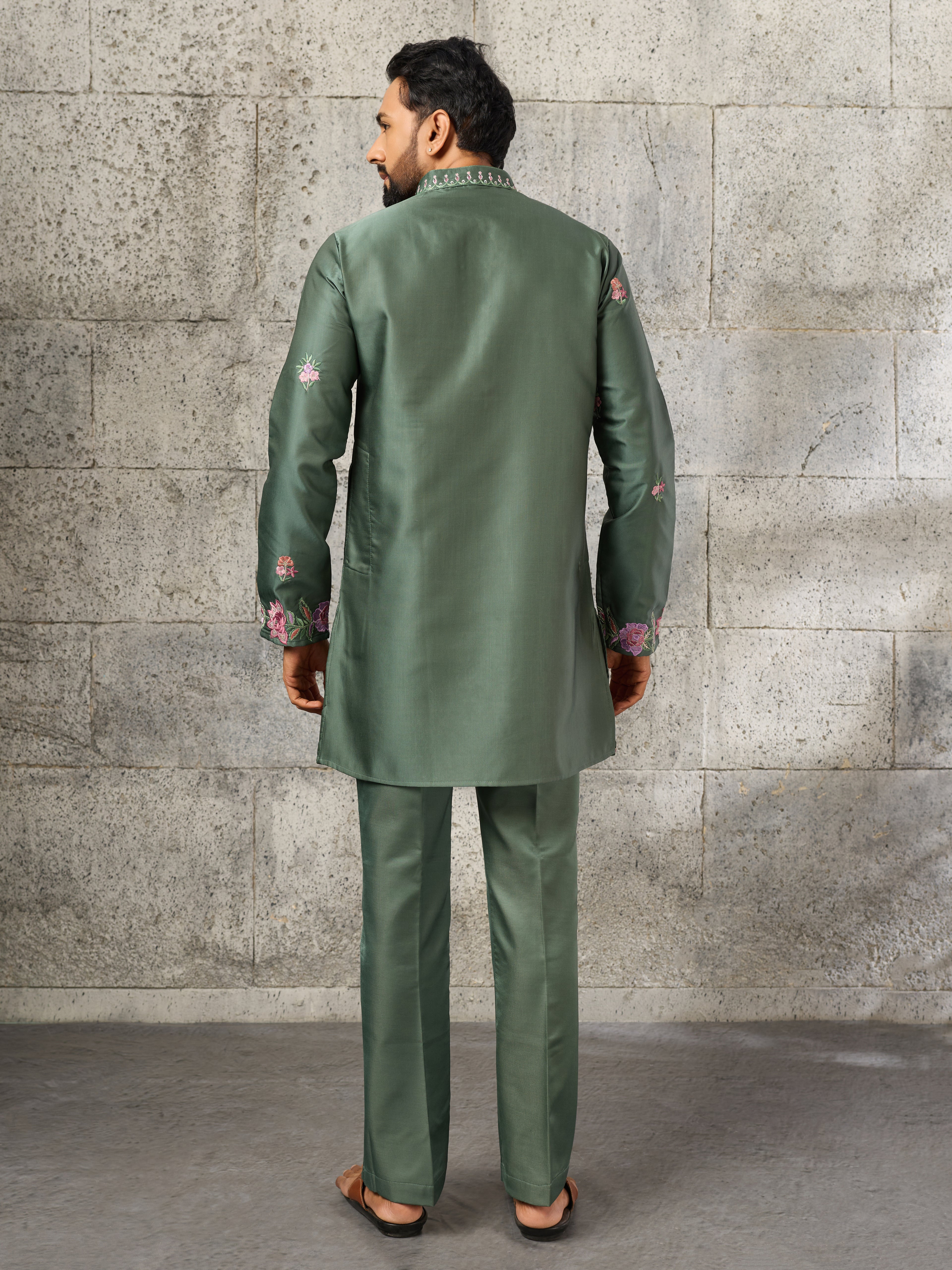 Exclusive Green Silk Embroidered Ethnic Kurta Bell Bottom Set
