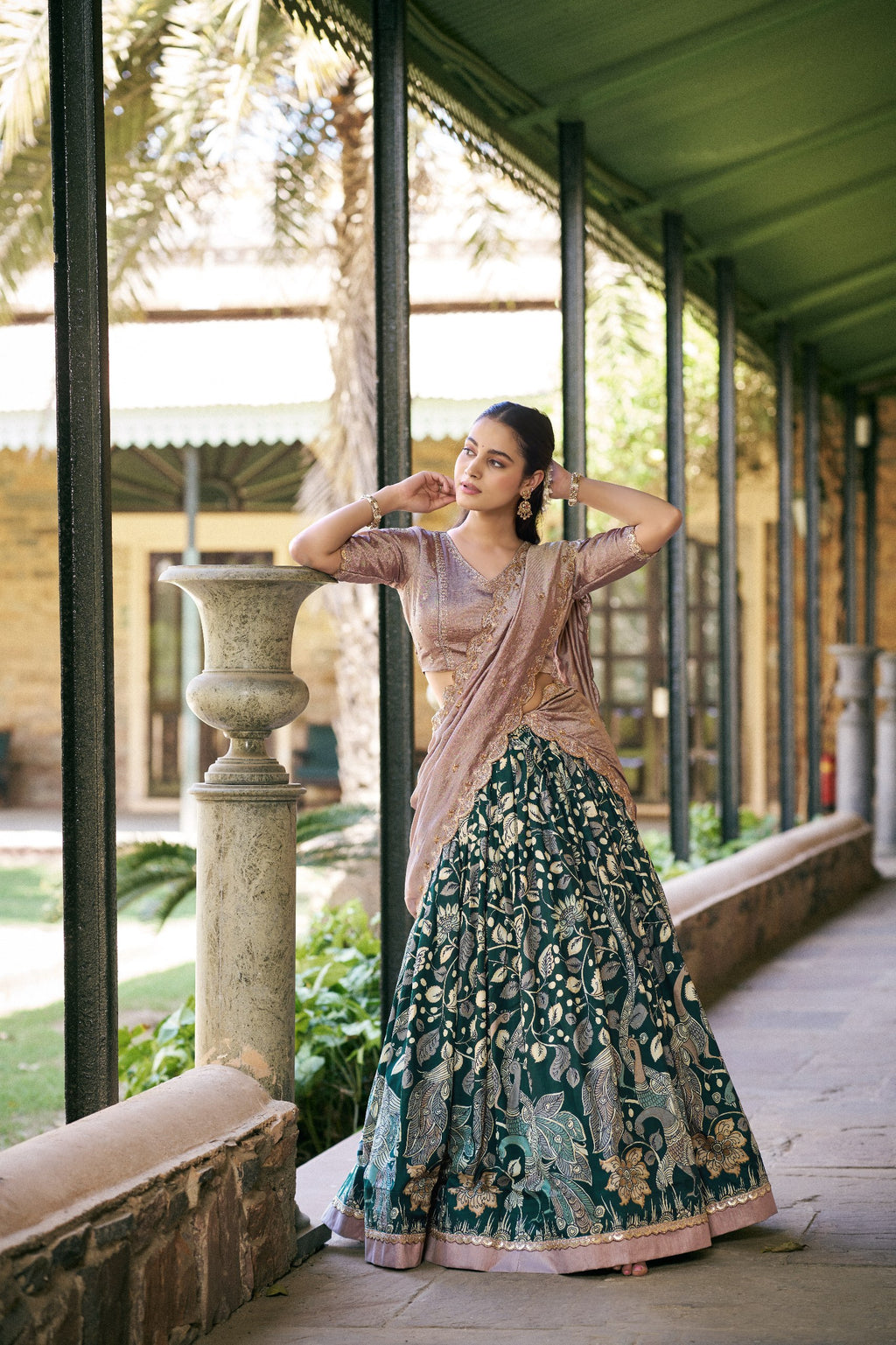 Green Tasar Silk Kalamkari Lehenga Choli with Embroidered Dupatta
