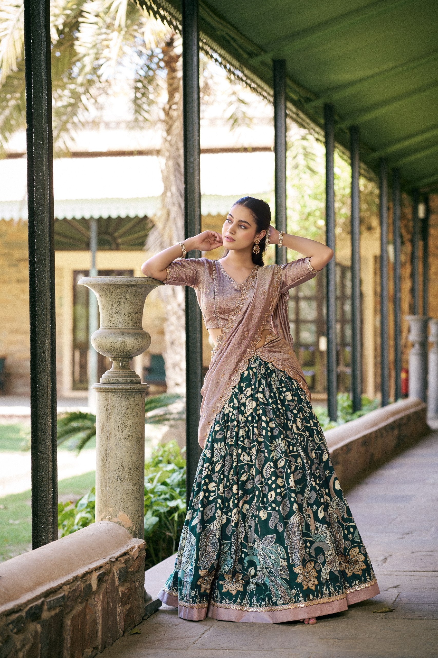Green Tasar Silk Kalamkari Lehenga Choli with Embroidered Dupatta

