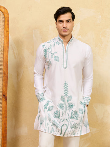 Classic Khadi Silk Designer Kurta With Green Thread Work
