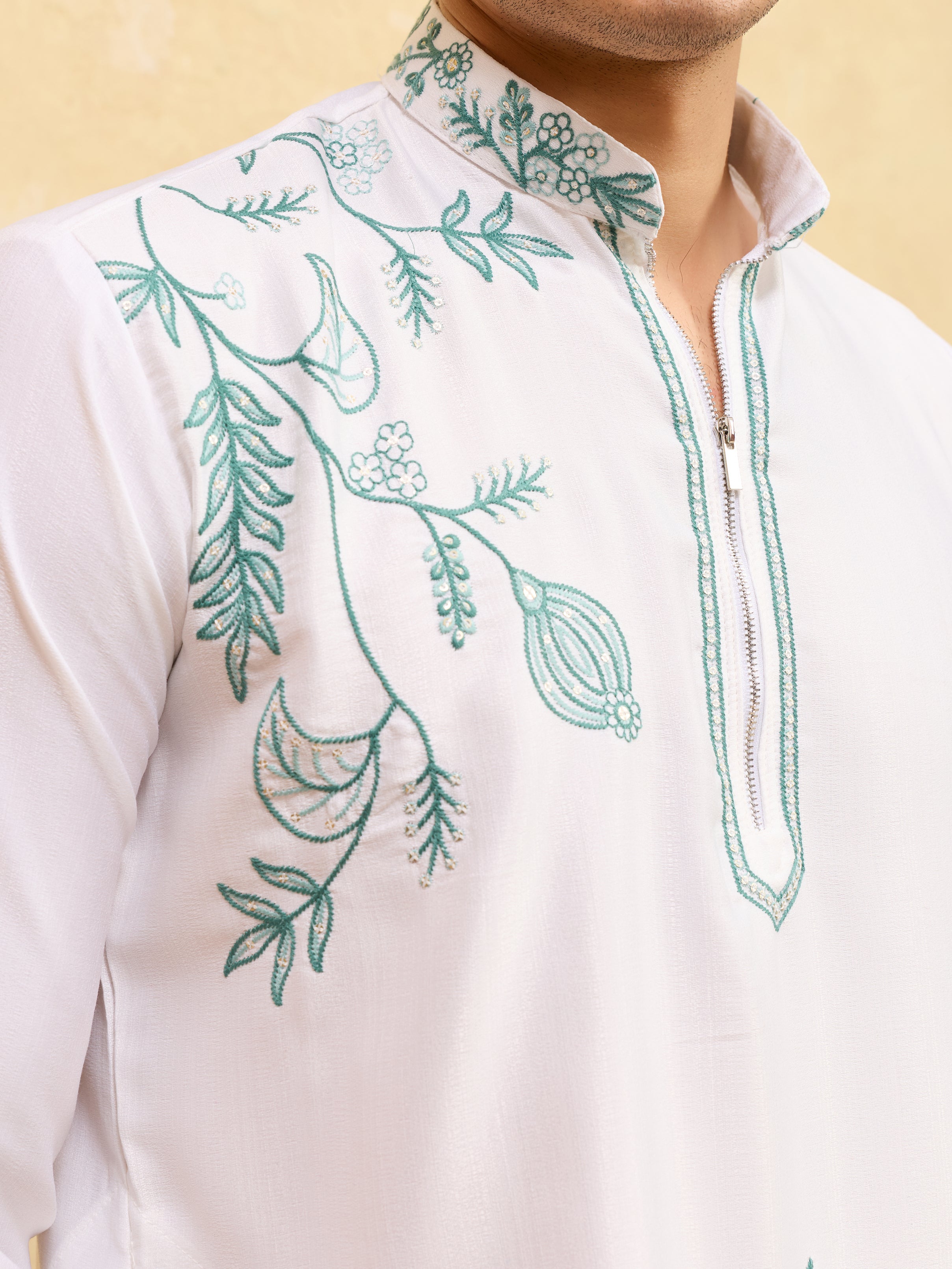 Classic Khadi Silk Designer Kurta With Green Thread Work
