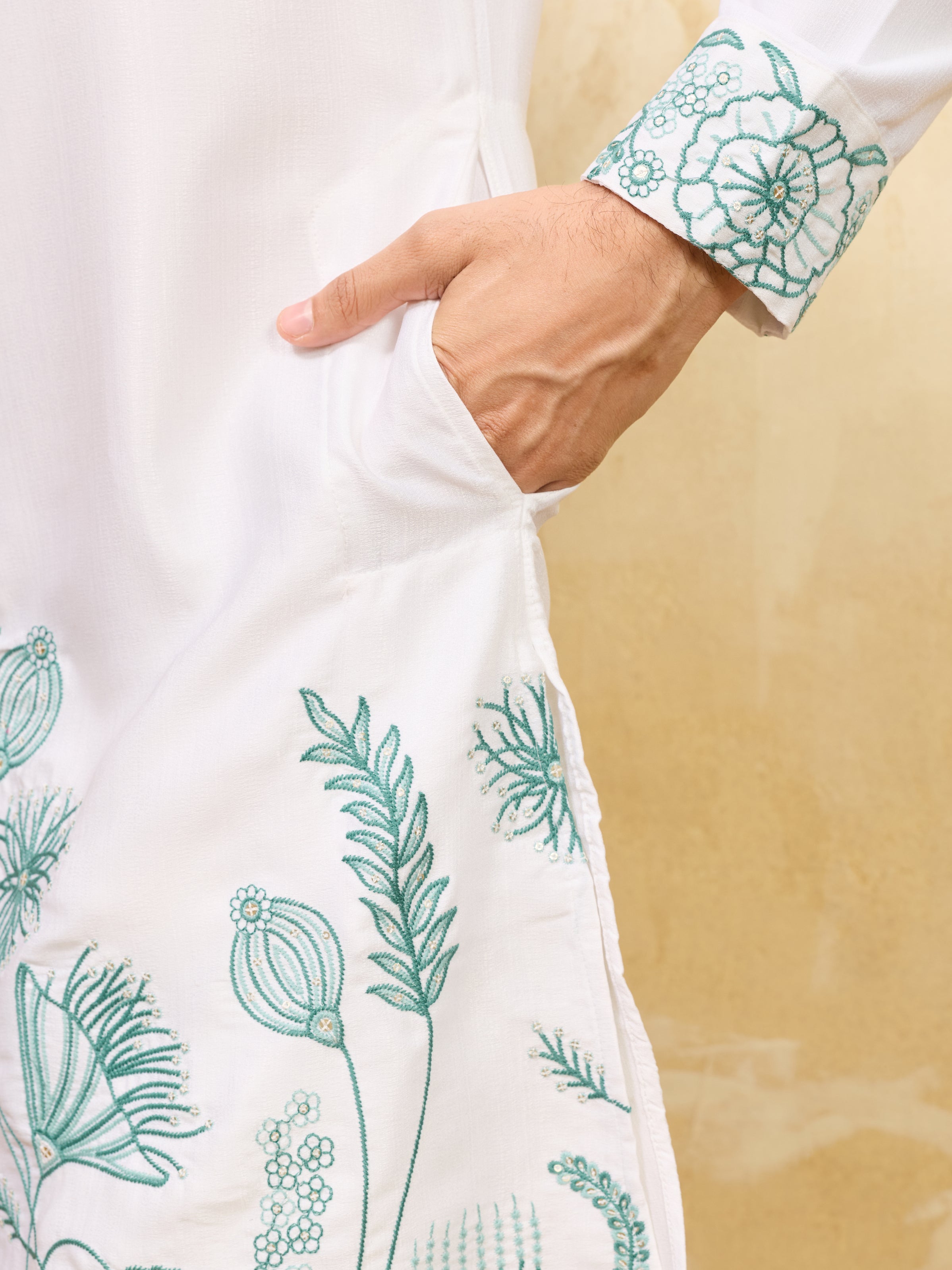 Classic Khadi Silk Designer Kurta With Green Thread Work
