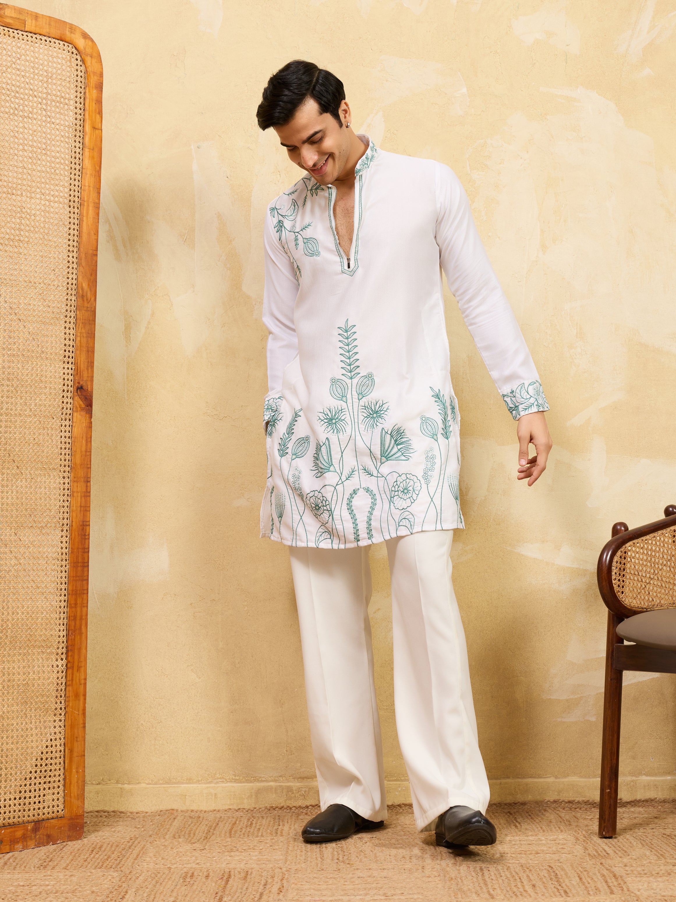 Classic Khadi Silk Designer Kurta With Green Thread Work
