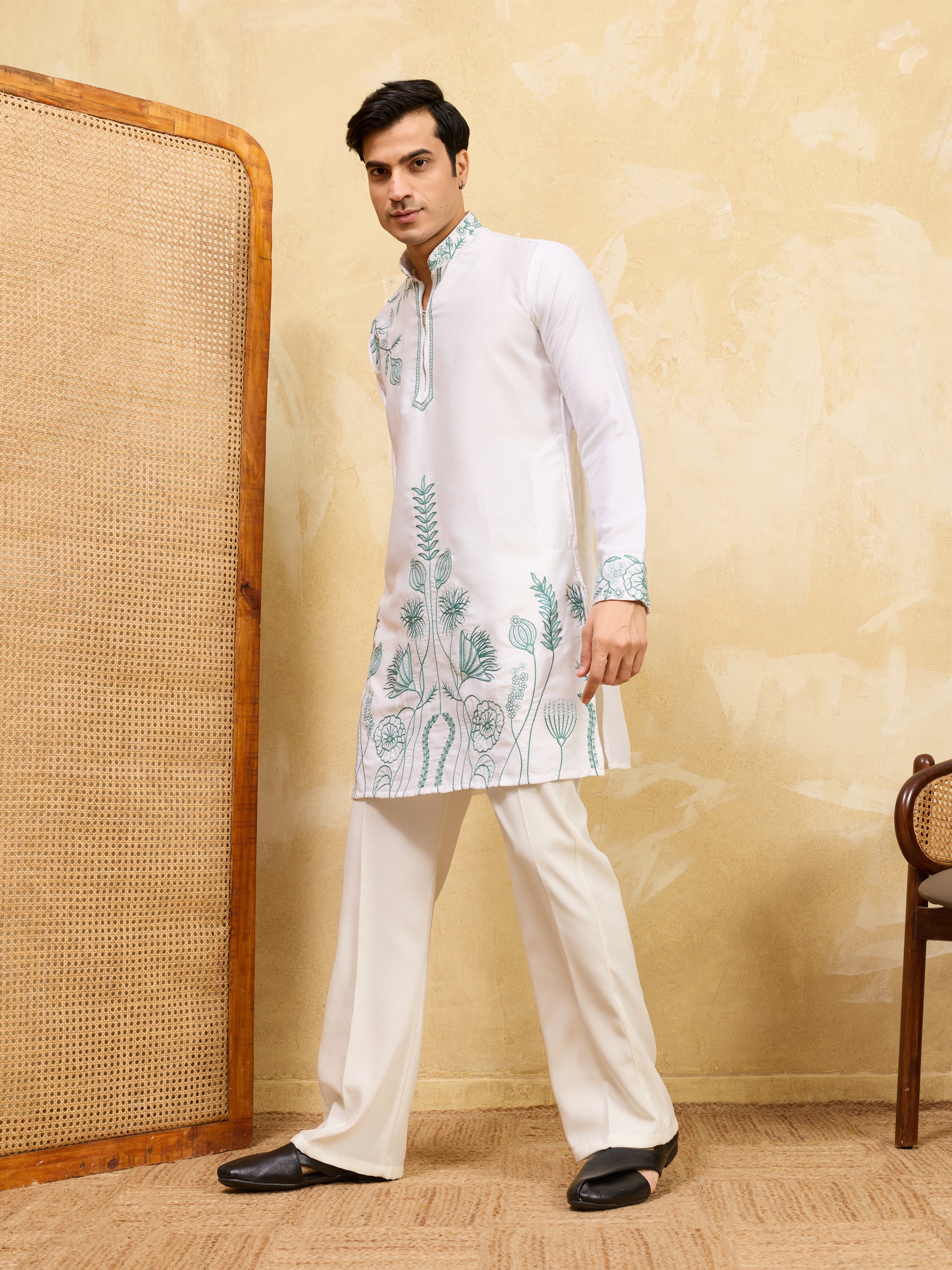 Classic Khadi Silk Designer Kurta With Green Thread Work

