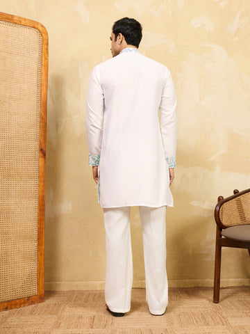 Classic Khadi Silk Designer Kurta With Green Thread Work
