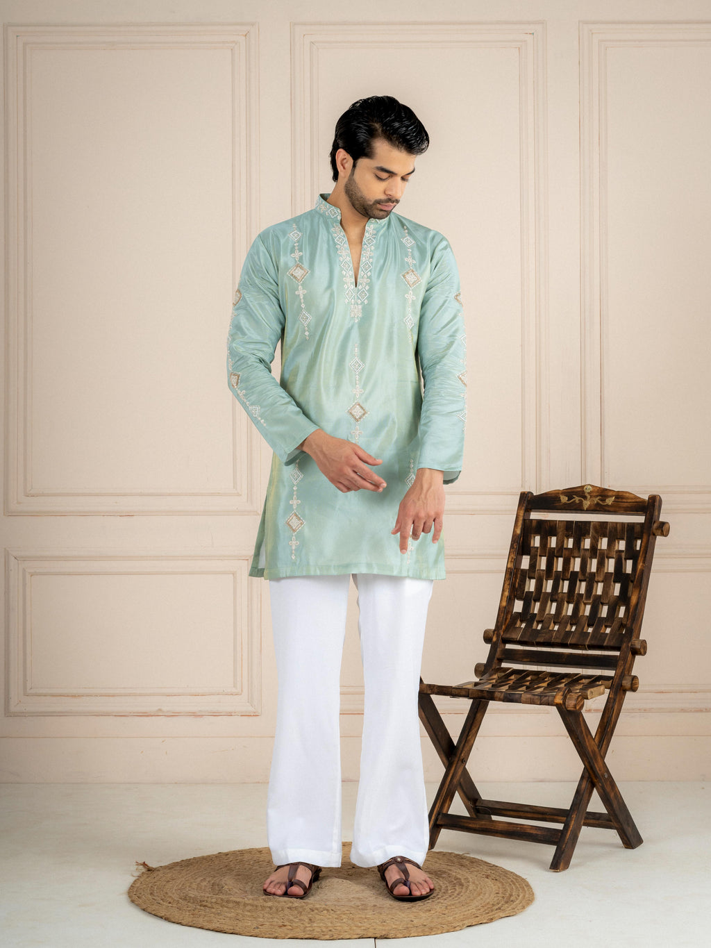 Sea Green Tissue Beads Kurta Set | Tulip Designer
