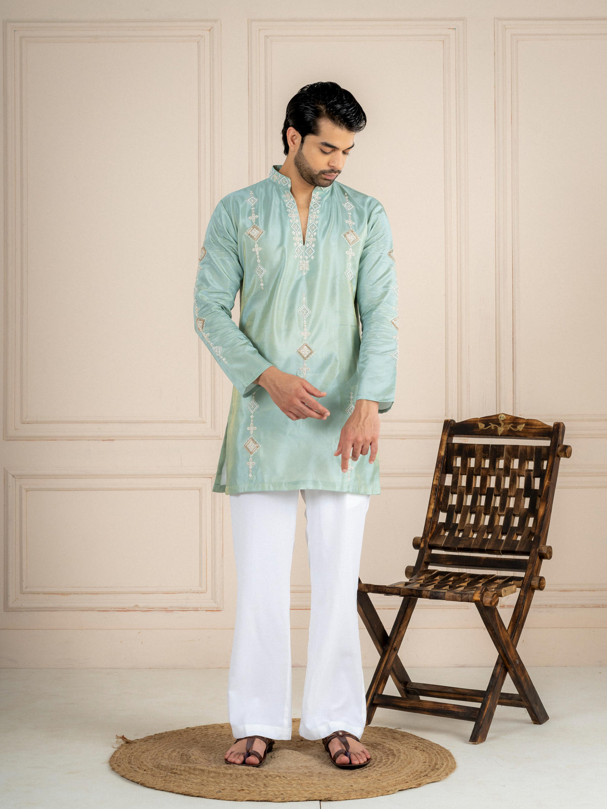 Sea Green Tissue Beads Kurta Set | Tulip Designer

