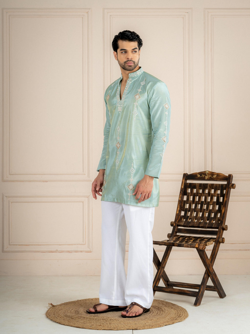 Sea Green Tissue Beads Kurta Set | Tulip Designer
