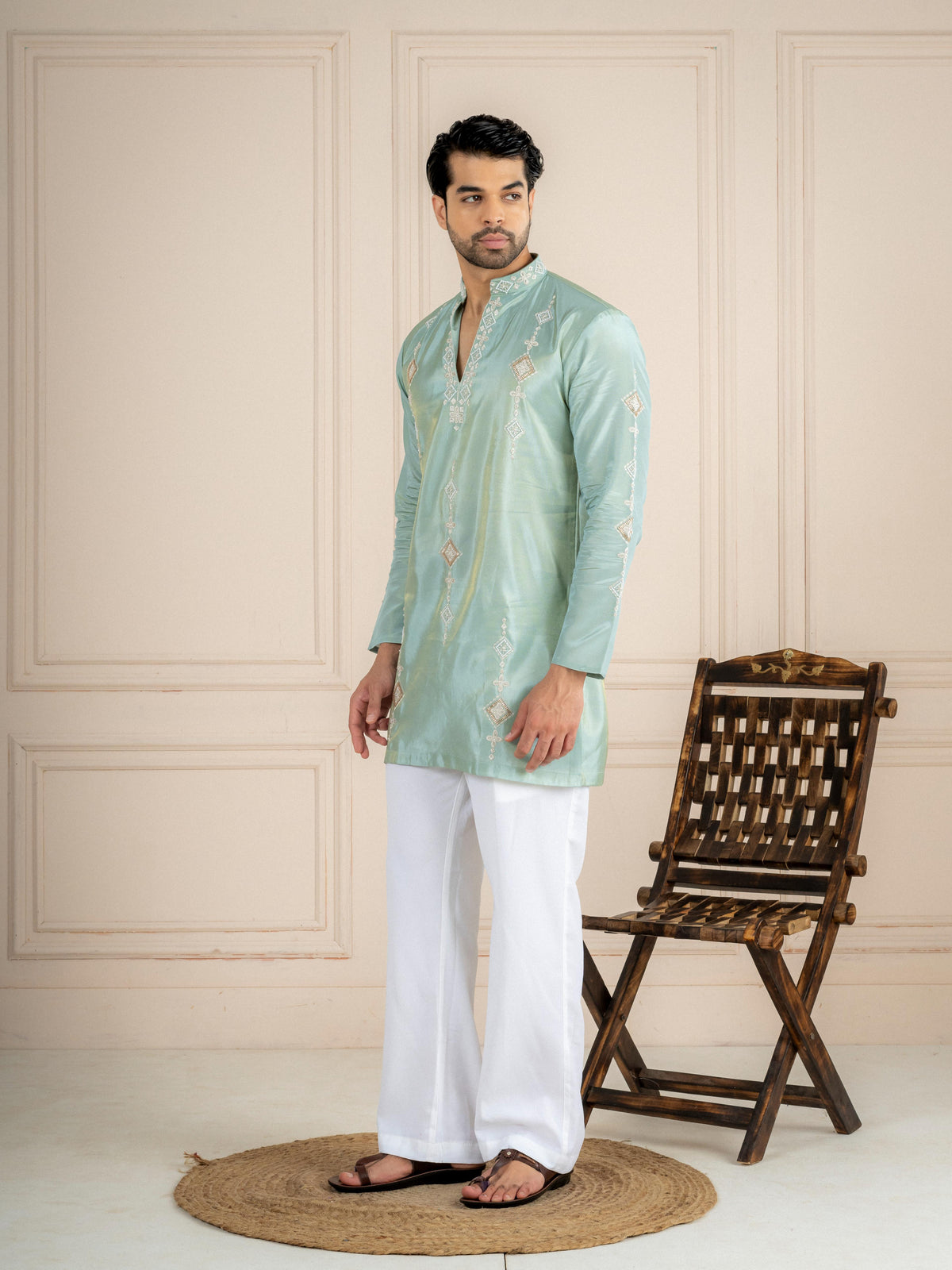 Sea Green Tissue Beads Kurta Set | Tulip Designer
